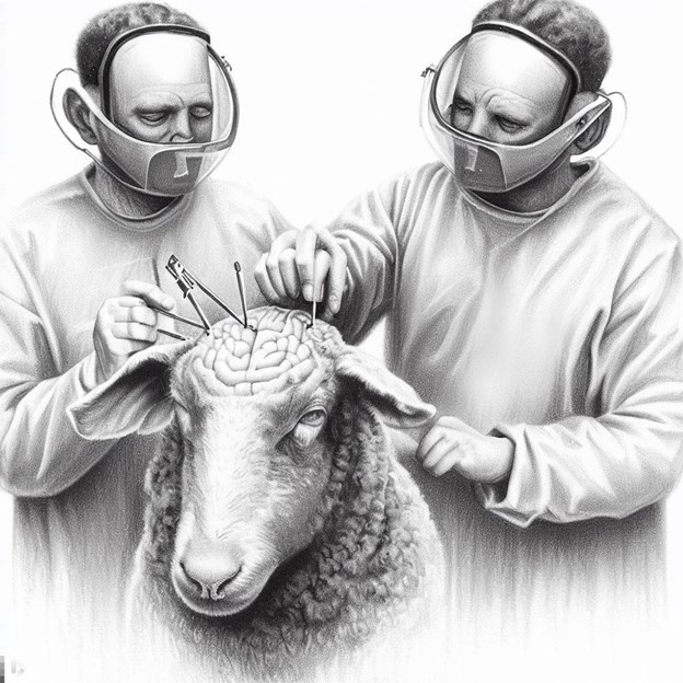 veterinary surgeons implant microchips in sheep (Microsoft Bing Image Creator powered by DALL-E)